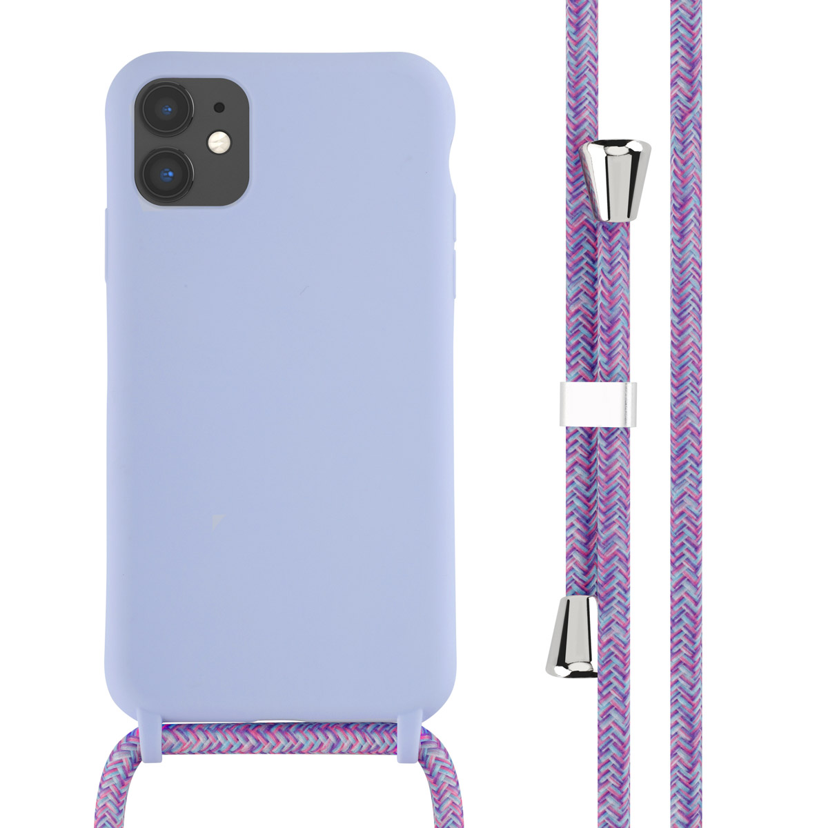 Lichtpaarse telefoonhoes met een blauw en roze koord. De hoes links en het koord rechts.