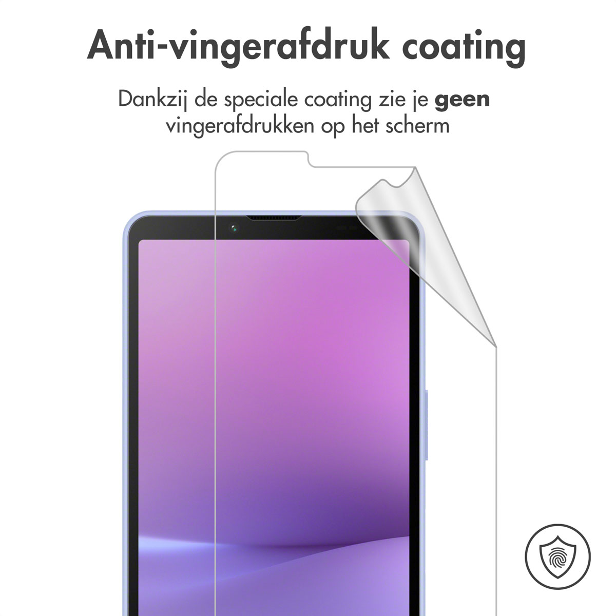 Een schermbeschermer wordt van een telefoon afgepeld. Het scherm is paars. Tekst: 'Anti-vingerafdruk coating'.