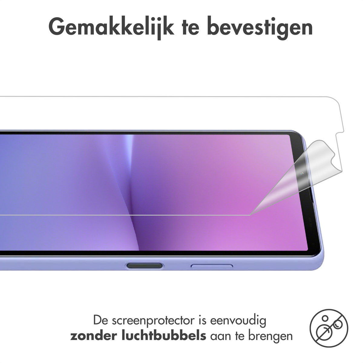 Telefoon met screenprotector. Tekst: gemakkelijk en zonder bellen te plaatsen.
