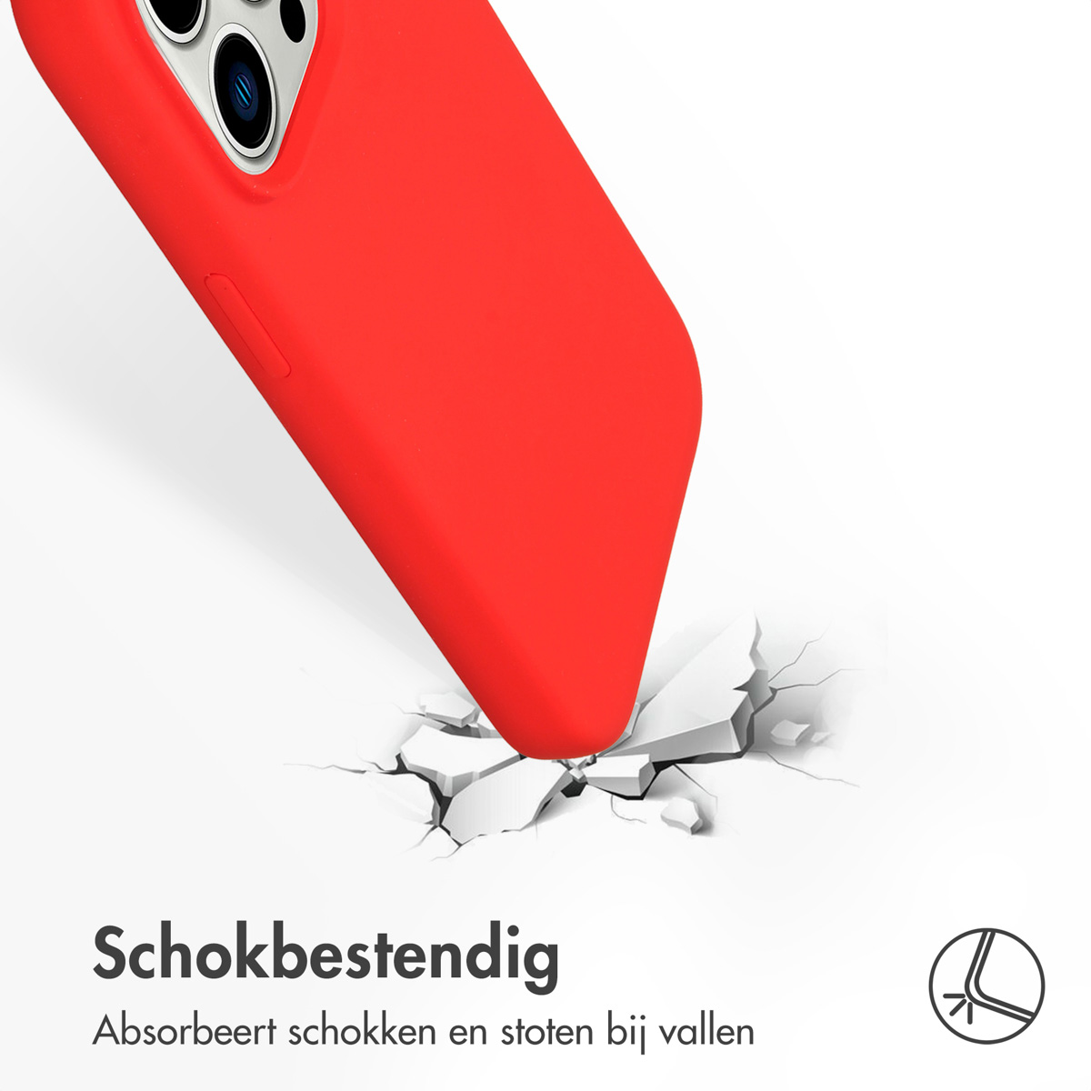 Rote Handyhülle, die auf eine weiße Oberfläche trifft und diese um den Aufprall herum aufbricht.