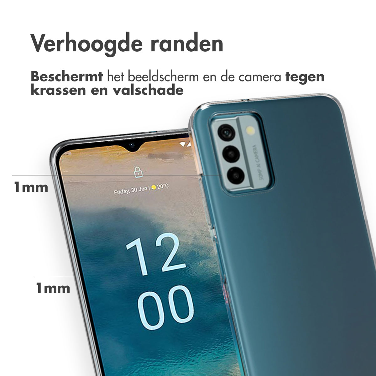 Telefoon, in een hoesje met verhoogde randen. Het scherm toont de datum en tijd.