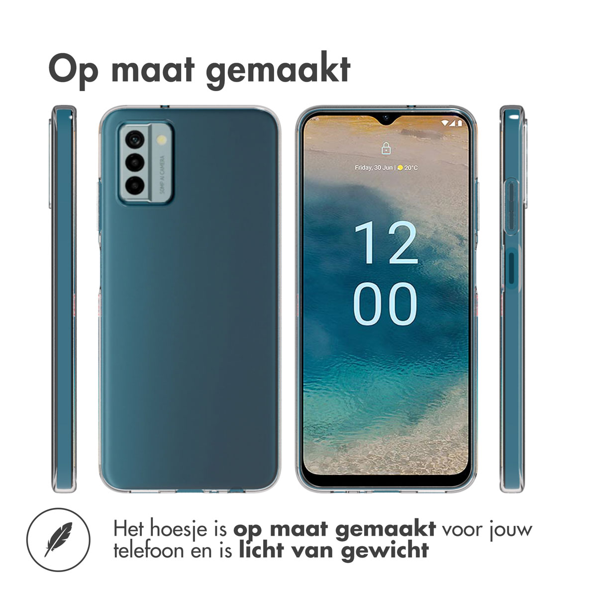 Een telefoonhoesje met een telefoon erin, vanuit meerdere hoeken getoond.