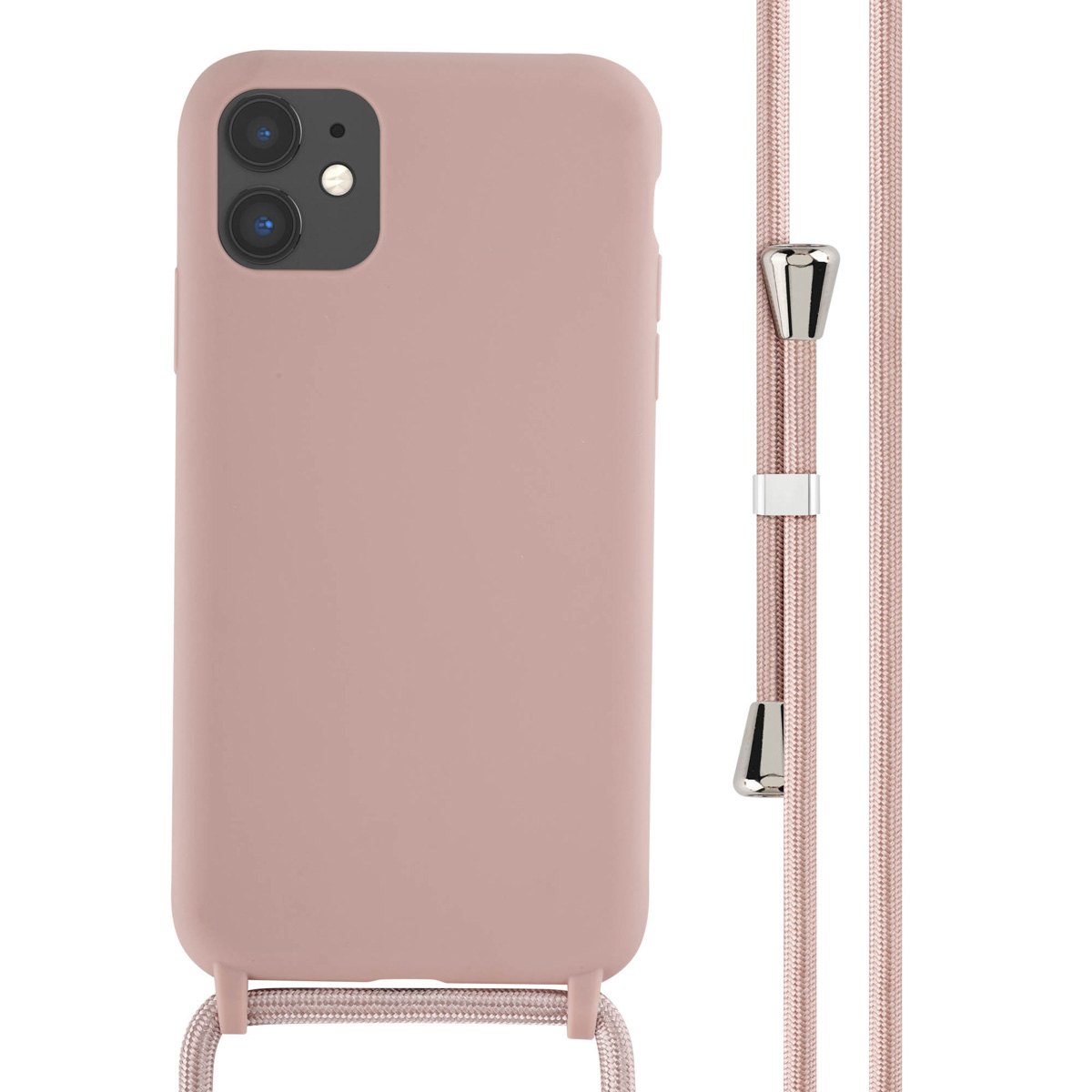 Roze telefoonhoesje met een koord. De hoes is bevestigd aan een roze koord met zilveren accenten.