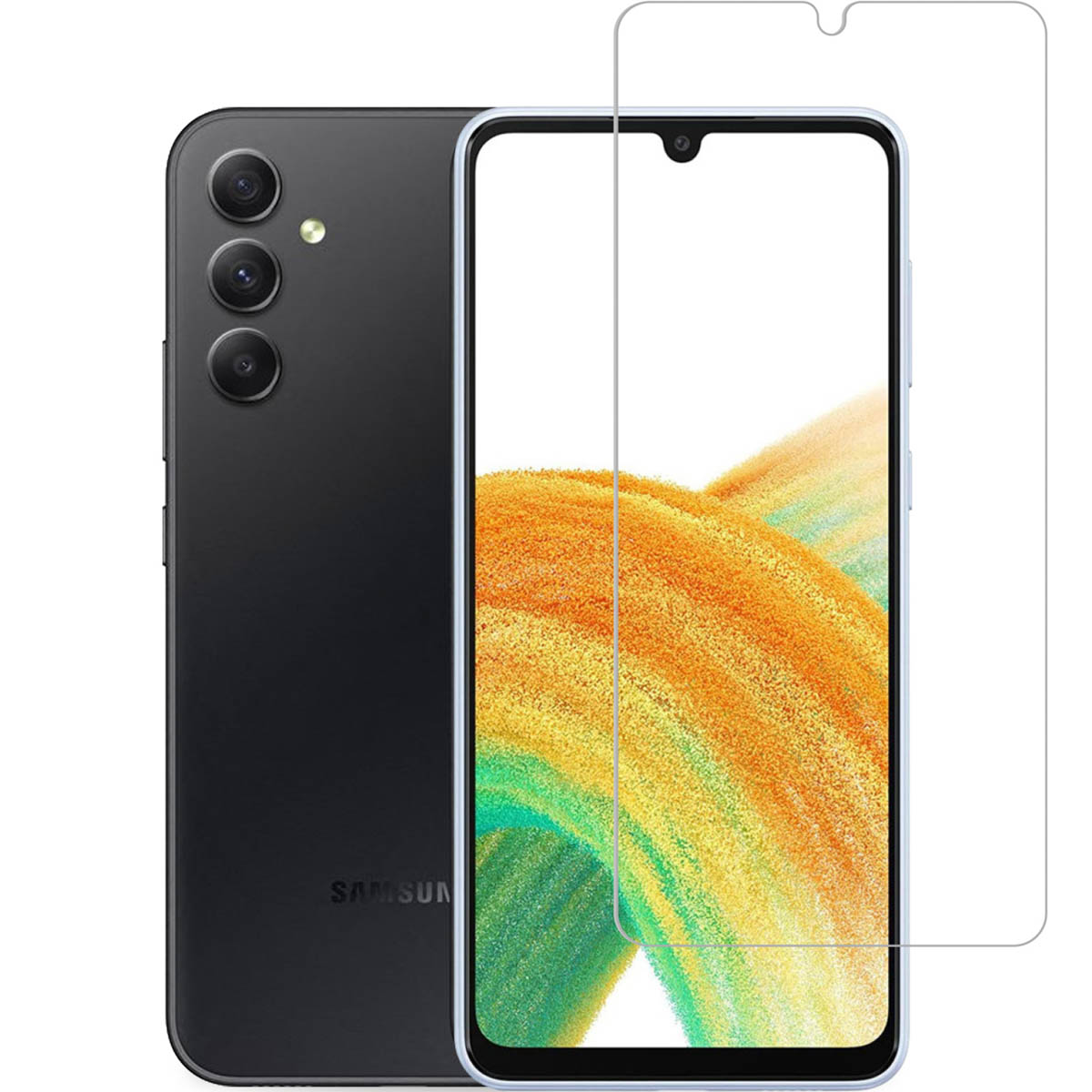 Een schermbeschermer naast een telefoon. De telefoon heeft een zwarte achterkant met drie camera's.