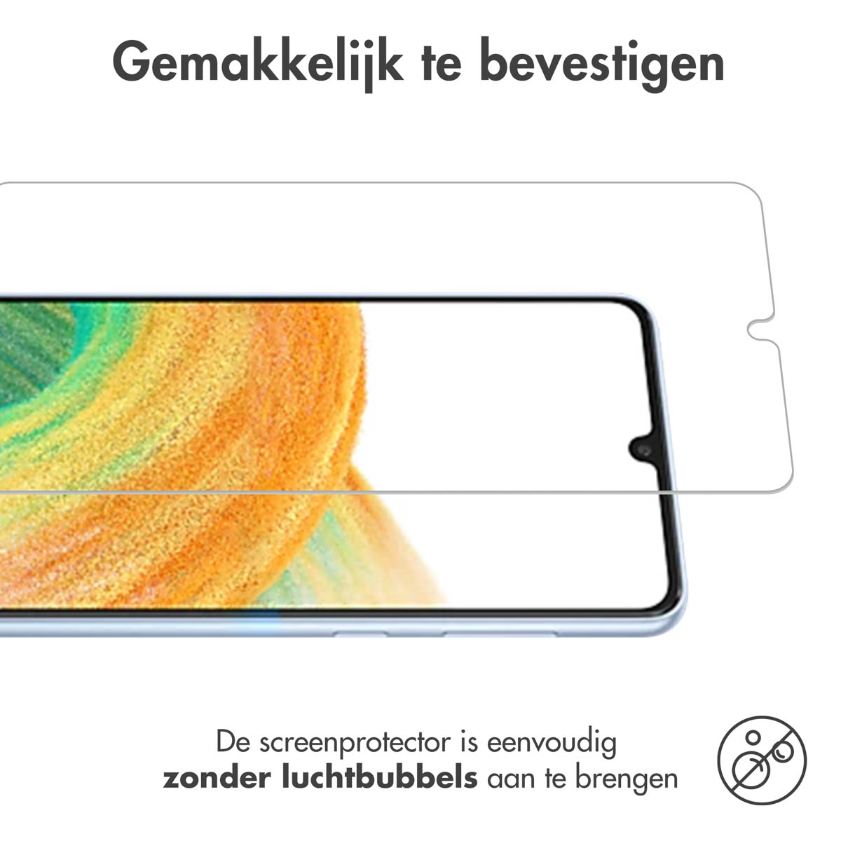 Screenprotector op telefoon. Tekst bovenaan. Screenprotector op telefoon. Tekst onderaan. Witte achtergrond.