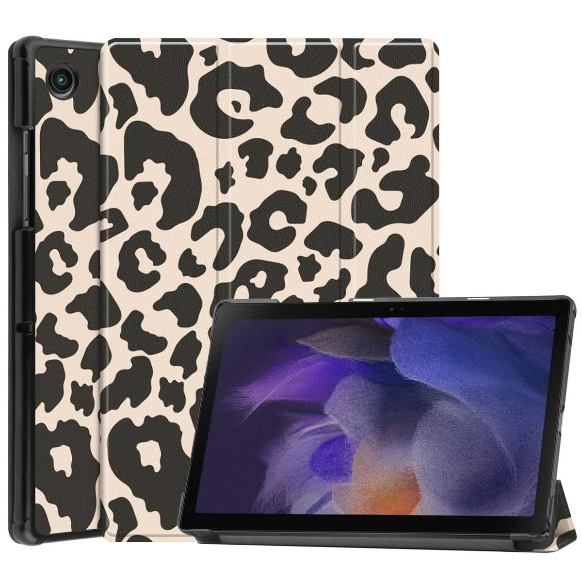 Une tablette dans un étui avec un motif léopard. La tablette est sur un support.