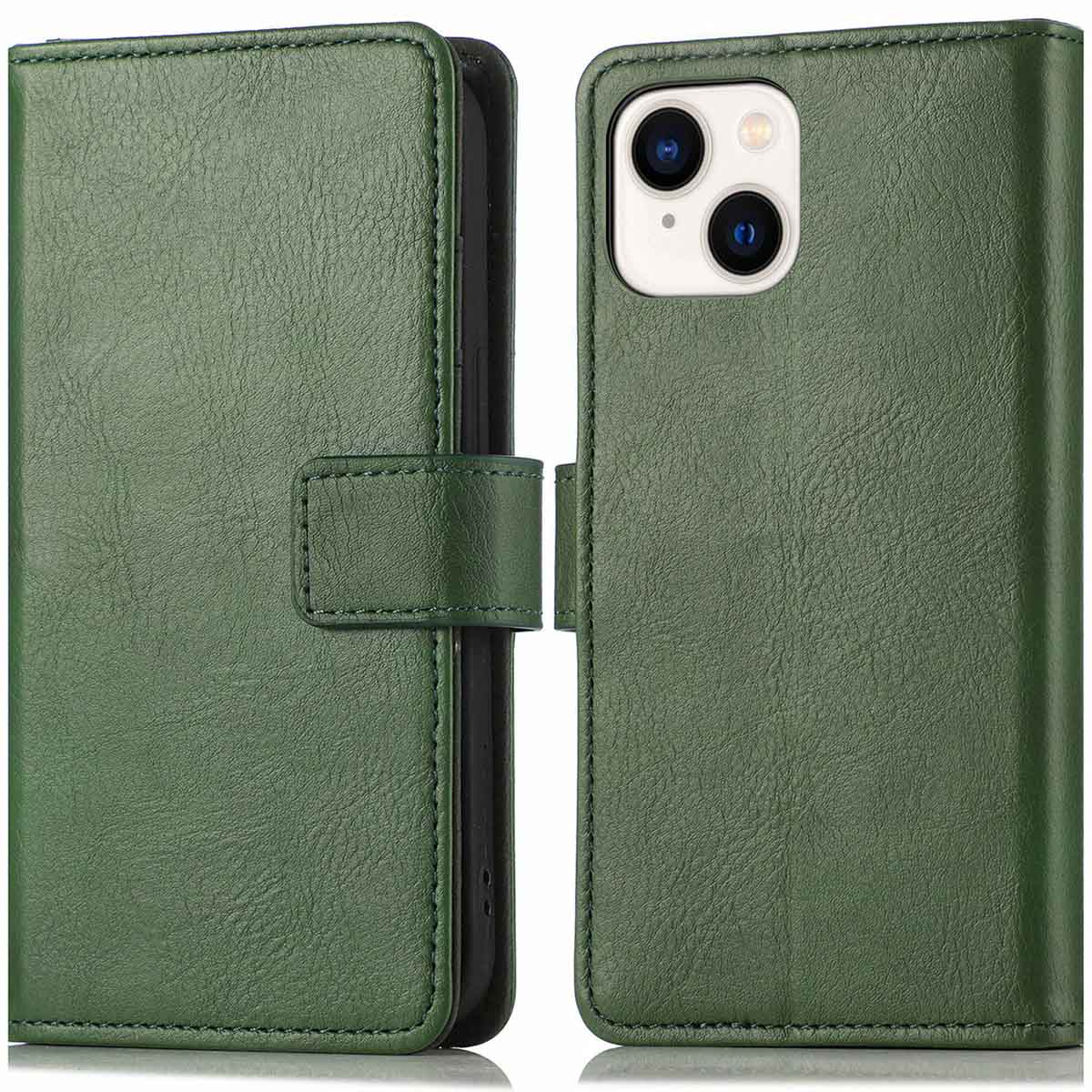 Groene telefoonhoes, open, met telefoon, toont telefoon en hoes.