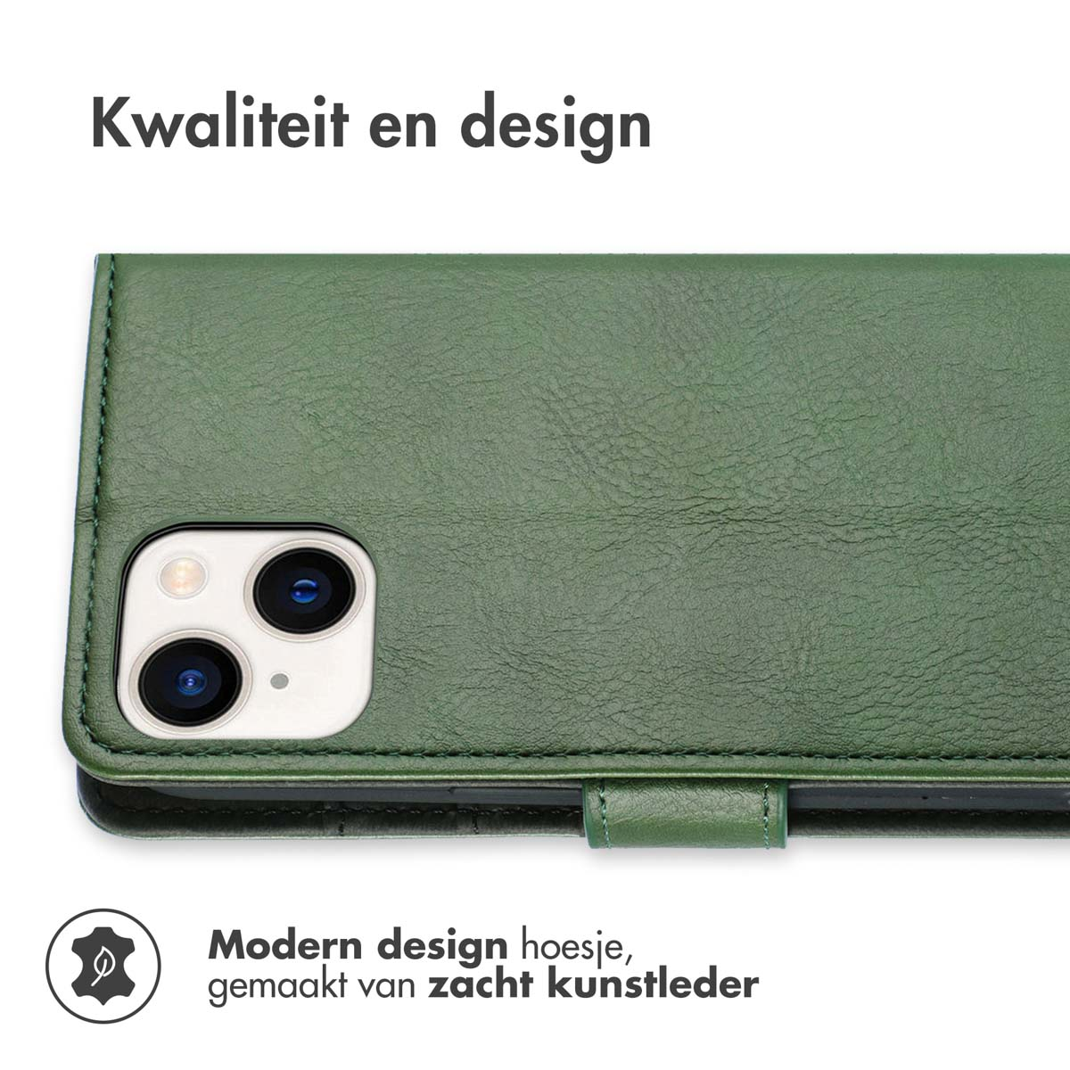 Een groene telefoonhoes met een telefoon. De hoes is open. Tekst: 'Kwaliteit en design'. De achtergrond is wit.
