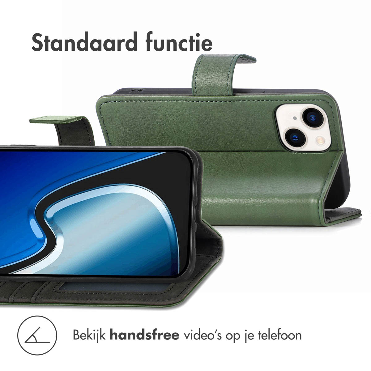 Groene telefoonhoes, open en dicht, met een telefoon die een scherm toont.