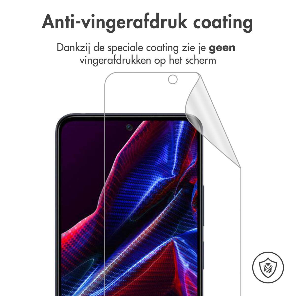 Een telefoonscherm met een schermbeschermer die wordt afgepeld, met een vingerafdrukpictogram.
