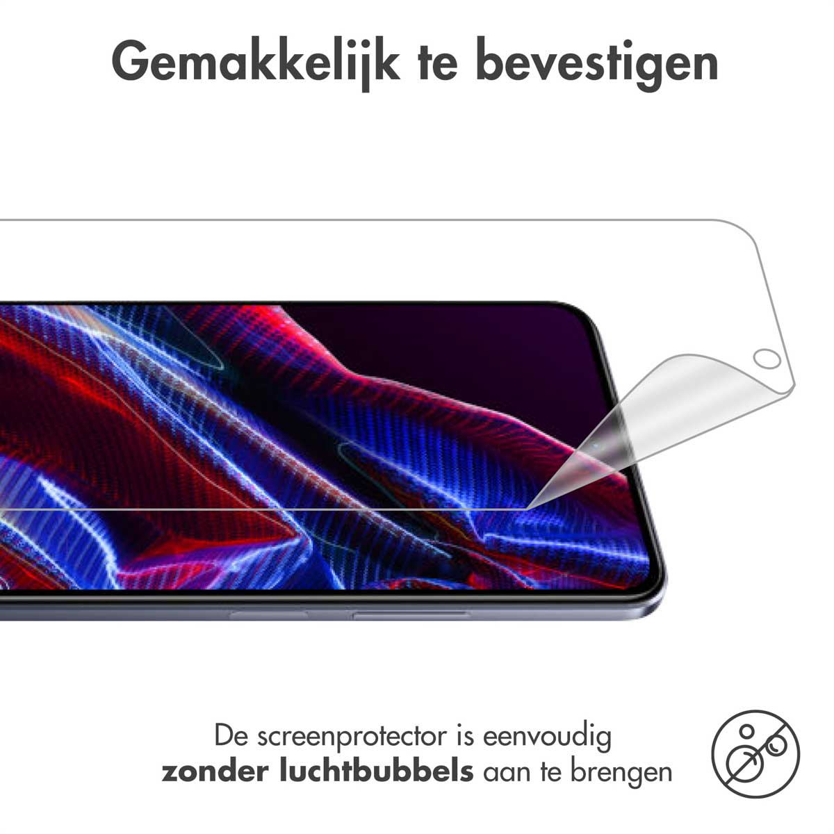 Een screenprotector wordt op een telefoon aangebracht. Tekst zegt dat het gemakkelijk aan te brengen is zonder luchtbellen.