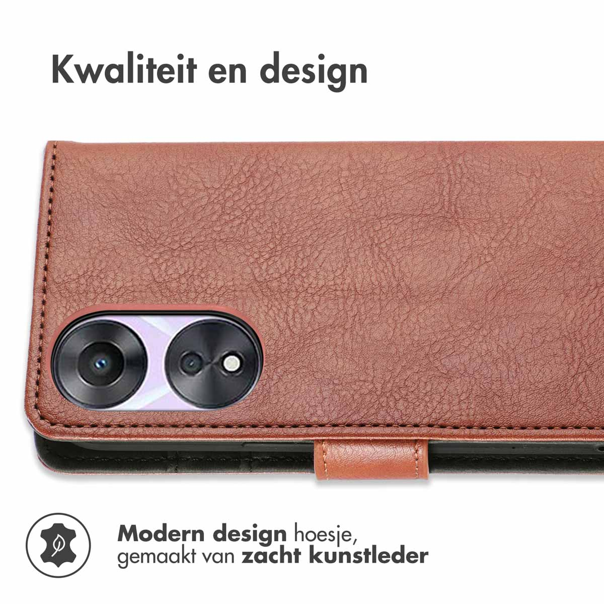 Bruin telefoonhoesje, gemaakt van leer. Telefoon met camera is zichtbaar.