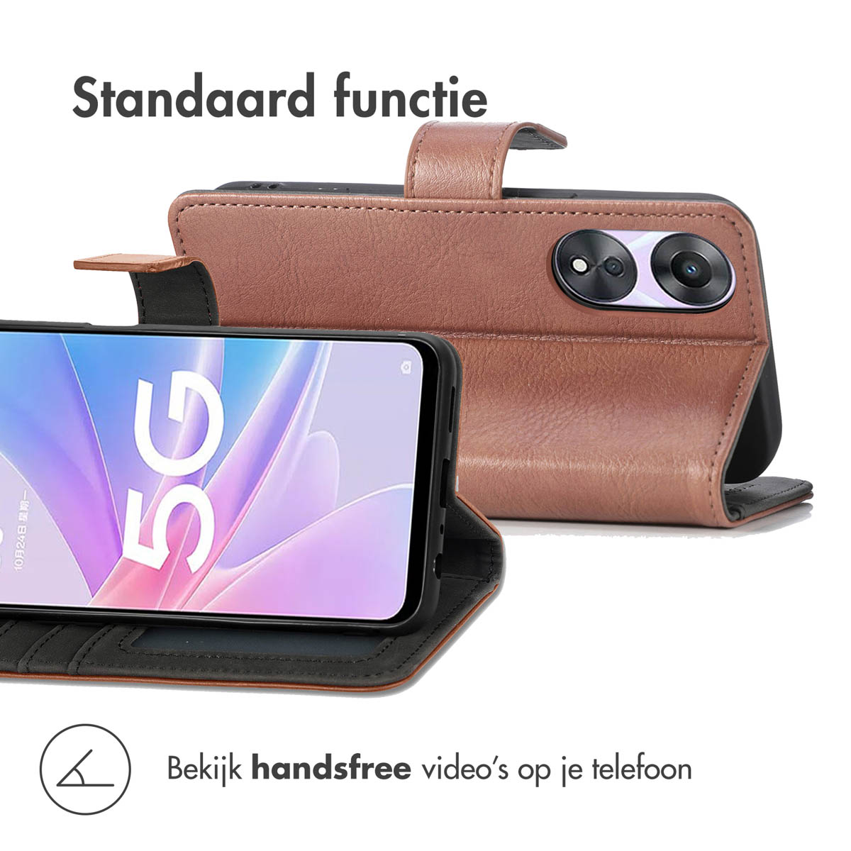 Telefoon in een bruine lederen hoes. De hoes laat de telefoon rechtop staan. Tekst in het Nederlands.