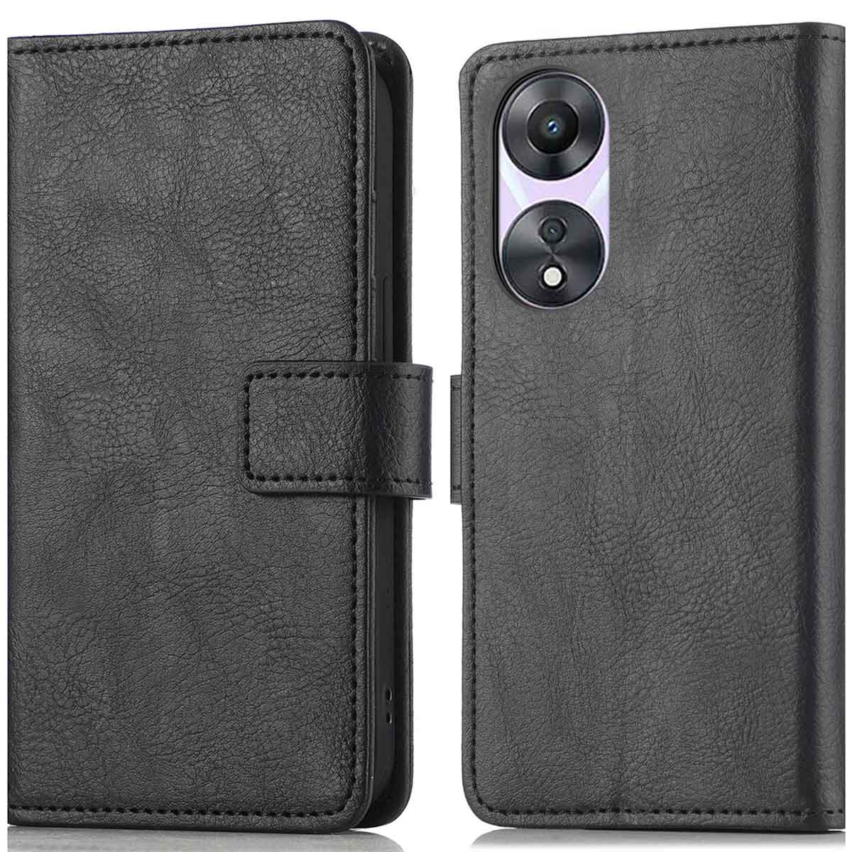 Étui de téléphone noir avec un téléphone à l'intérieur. L'étui est fermé par une fermeture magnétique. Caméra visible.