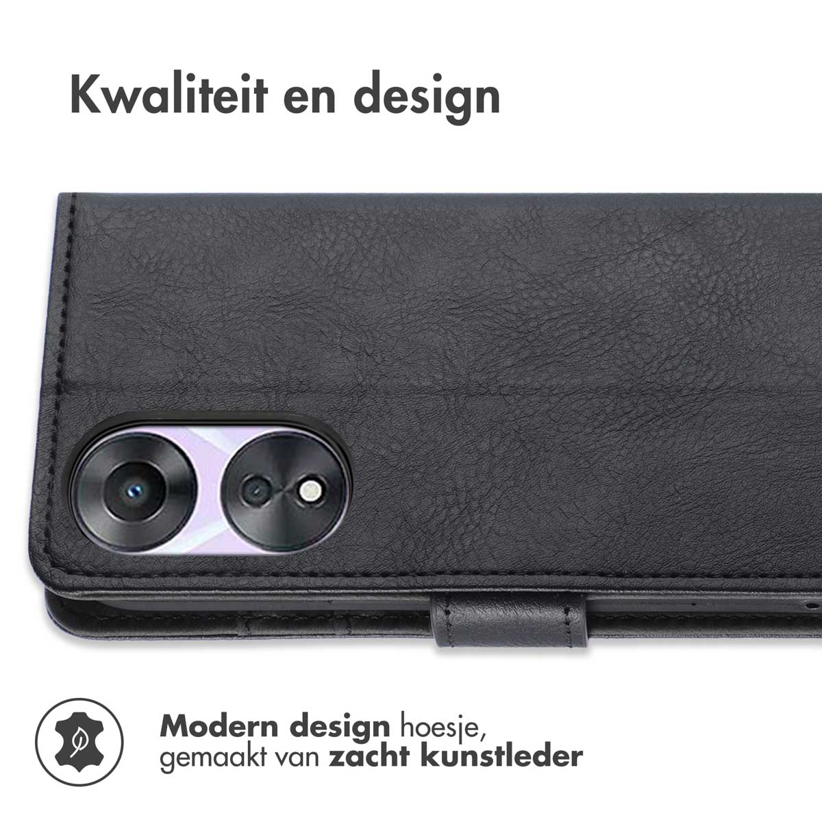 Étui de téléphone en cuir noir. Avec découpes pour caméras et fermeture magnétique. Marque Samsung.