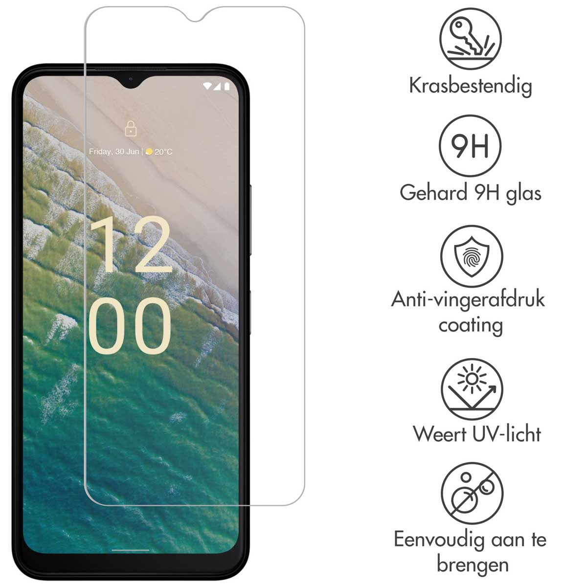 Transparante schermbeschermer op telefoon. Iconen tonen krasbestendigheid, 9H glas, anti-vingerafdruk, UV-bescherming en eenvoudige toepassing.