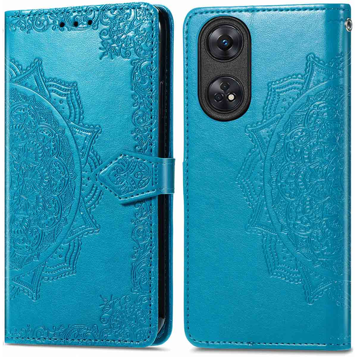 Un étui de téléphone turquoise, ouvert, avec un motif mandala. Le téléphone n'est pas visible.