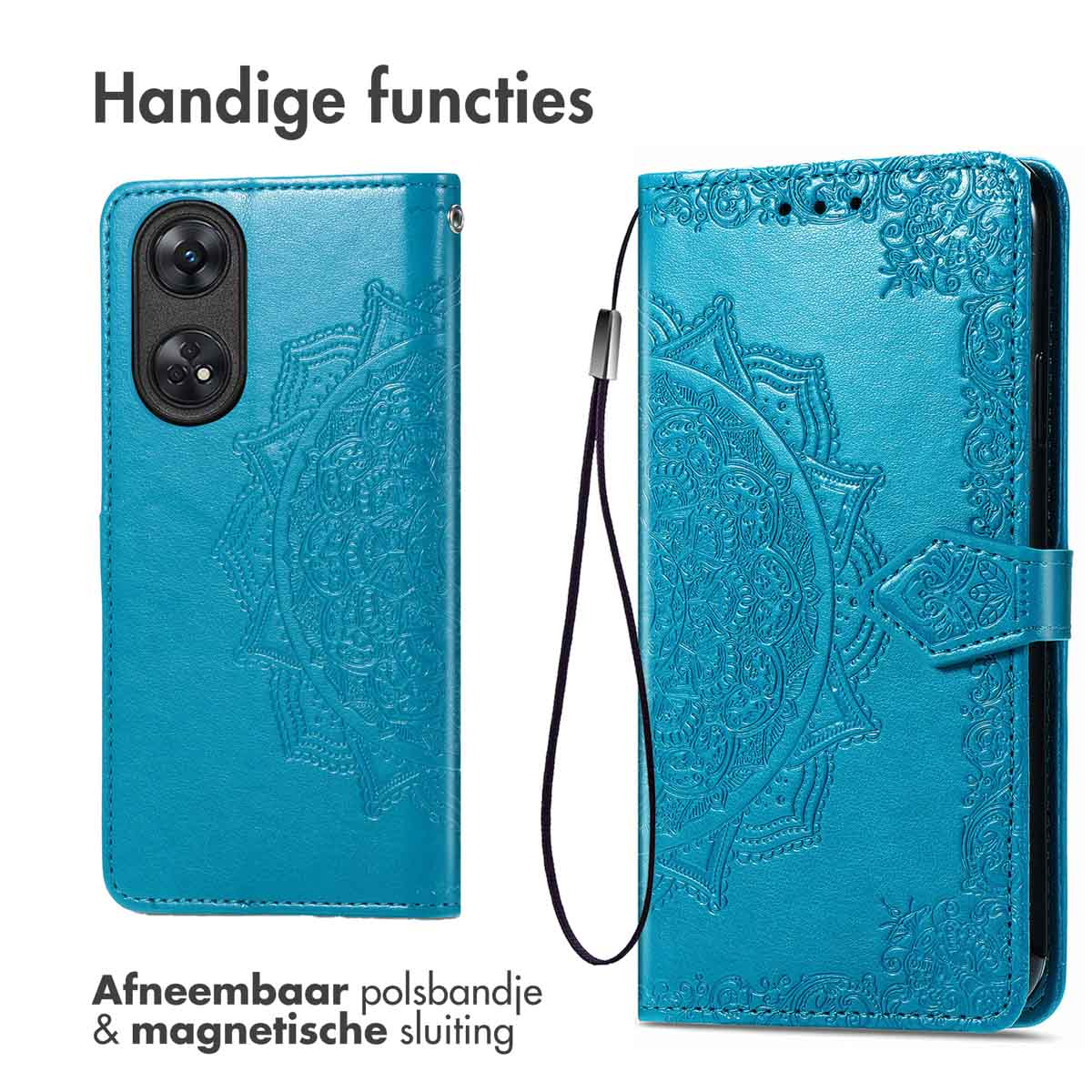 Coque de téléphone bleue avec un motif mandala. La coque est ouverte avec une sangle.