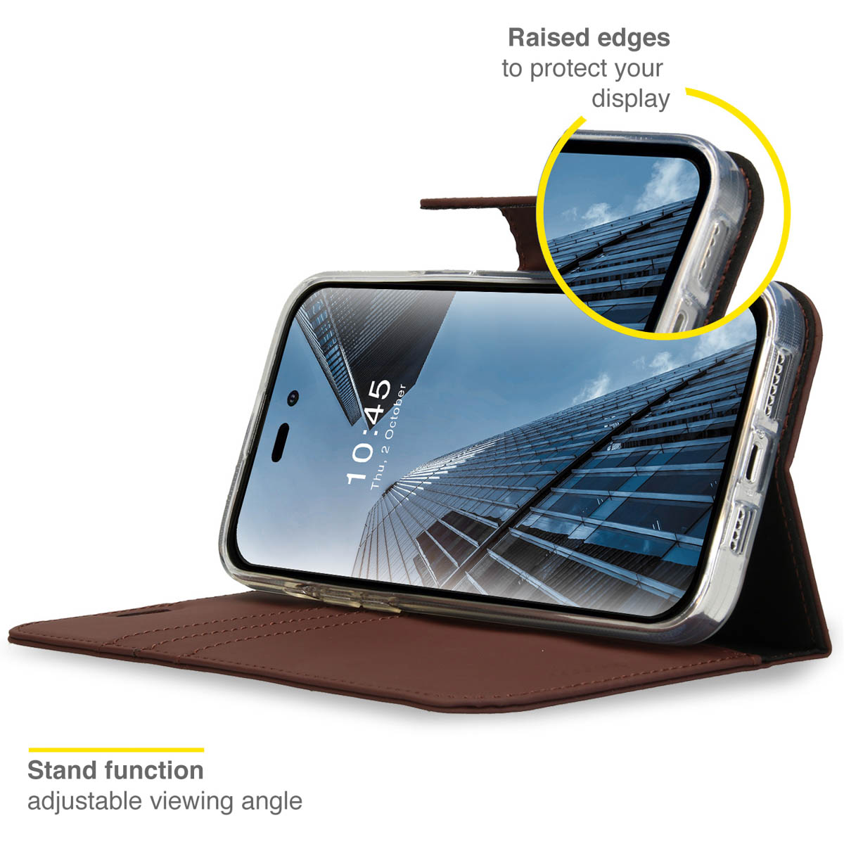 Brown phone case open, phone inside. Raised edges protect the display. Stand function adjustable angle.