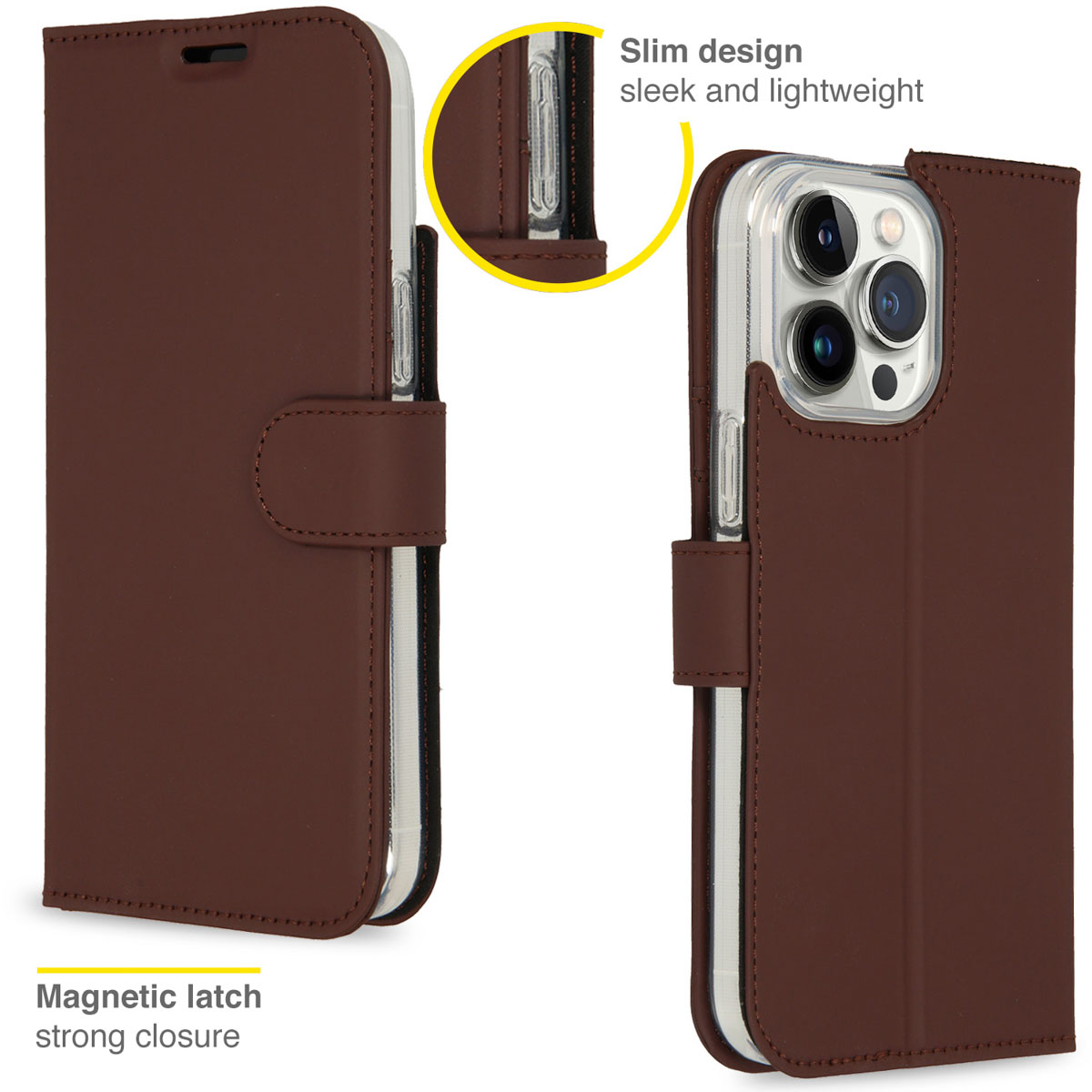 Brown phone case, open and closed, with a magnetic latch for closure.