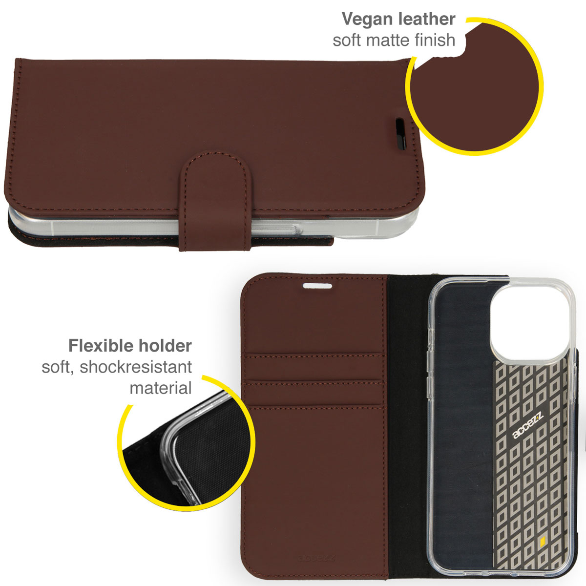 Brown vegan leather phone case, open to reveal phone. Details of the case and the phone. 