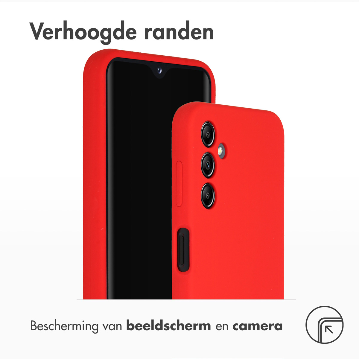 Rode telefoonhoes met verhoogde randen. Telefoon binnenin, met scherm zichtbaar. Beschermhoes voor scherm en camera.