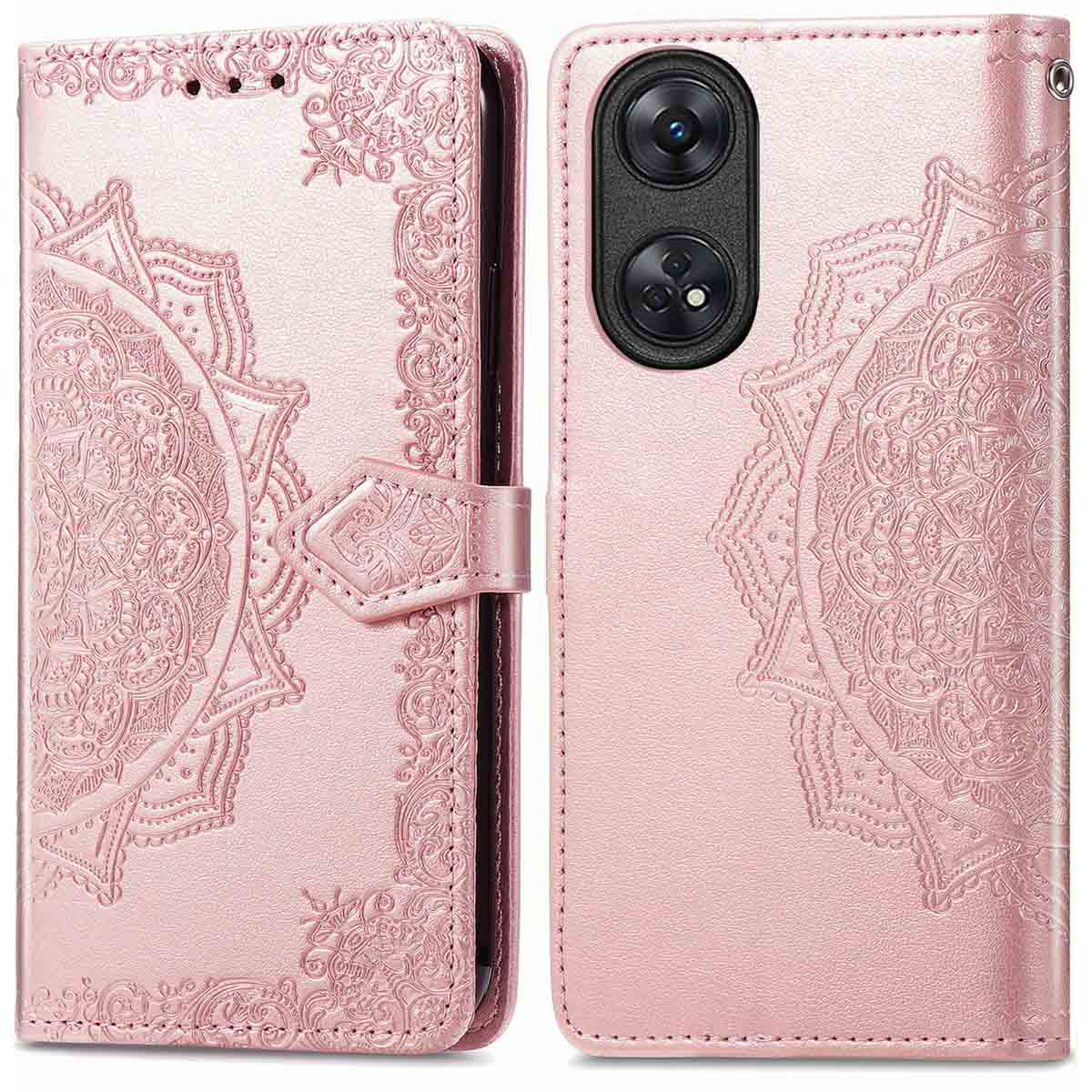 Coque de téléphone rose, ouverte et fermée, avec motif mandala et fermeture magnétique.
