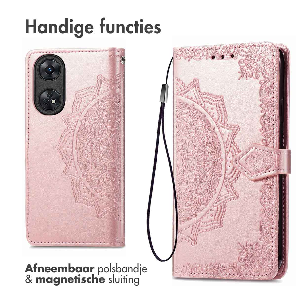 Étui de téléphone rose avec design mandala, dragonne amovible et fermeture magnétique.
