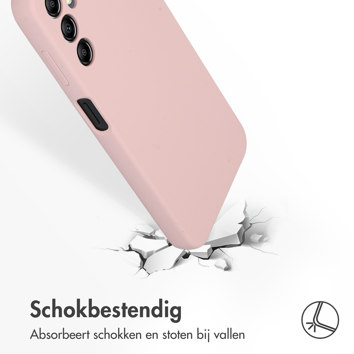 Un étui de téléphone rose est tombé, fissurant le sol. Le texte dit antichoc, absorbe les chocs et les chocs en cas de chute.