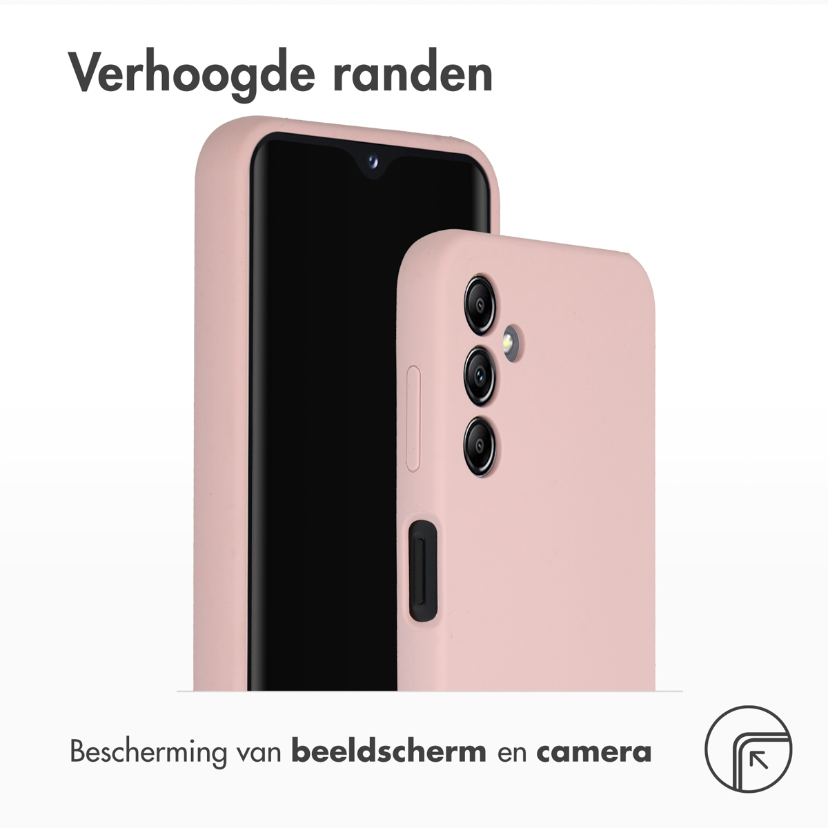 Coque de téléphone rose avec bords surélevés, couvrant le téléphone. Texte en haut. Texte en bas.