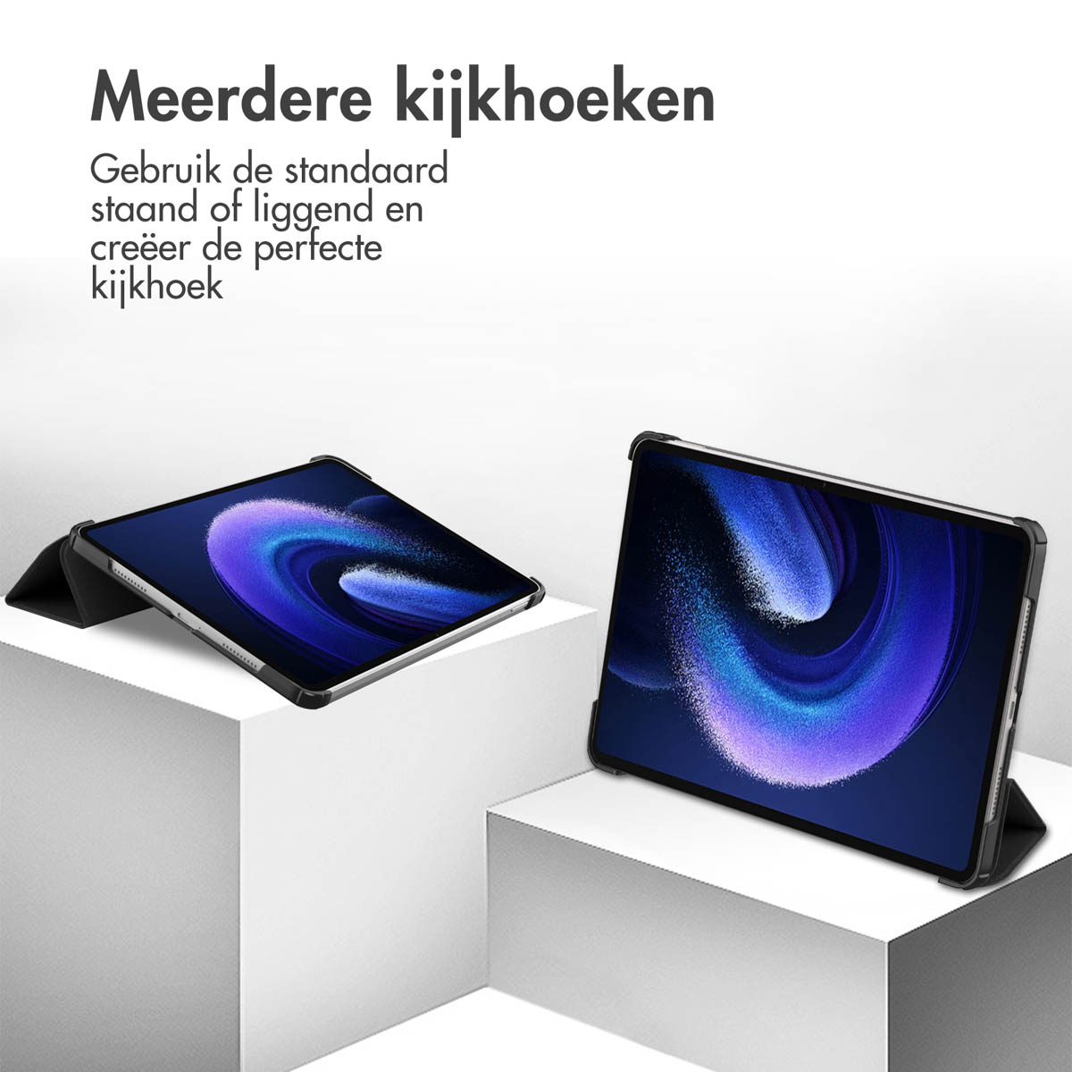 Tablets on white platforms, one upright and one flat, showcasing different viewing angles.