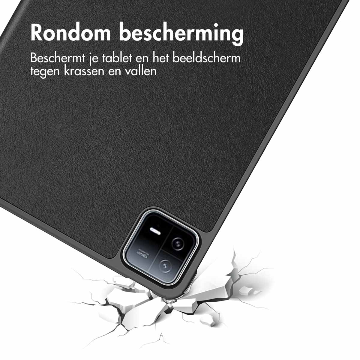 A black case protects a tablet. The case is shown next to a surface with cracks.