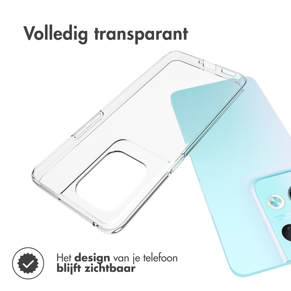 Custodia trasparente per telefono. Il telefono è azzurro. Il design del telefono è visibile.