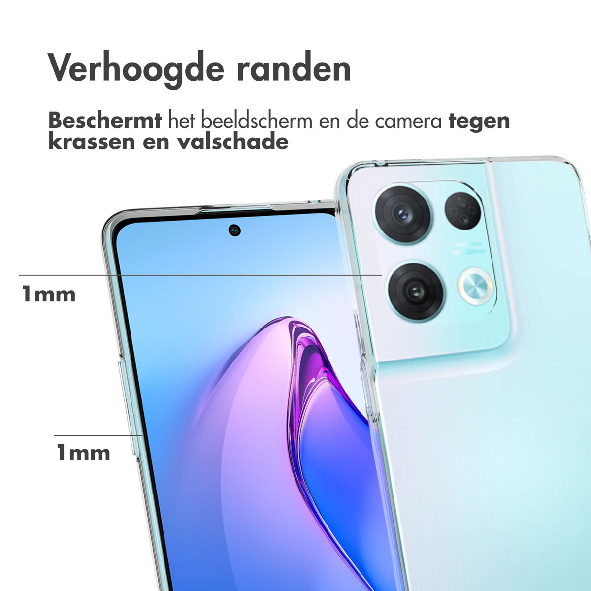 Telefoonhoesje met verhoogde randen. De telefoon zit erin. Het scherm is zichtbaar.