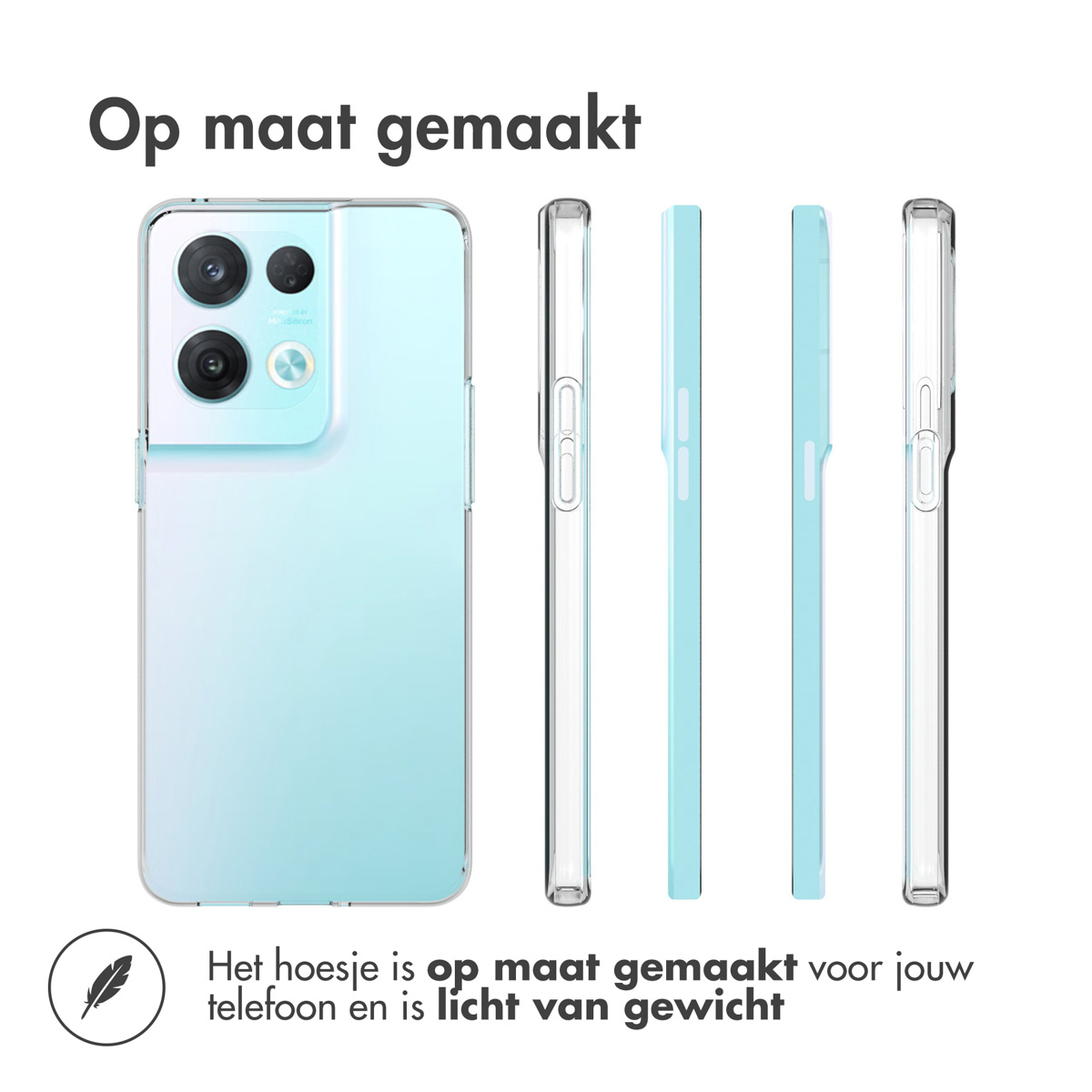 Een transparante telefoonhoes op een telefoon. De hoes wordt vanuit verschillende hoeken getoond.