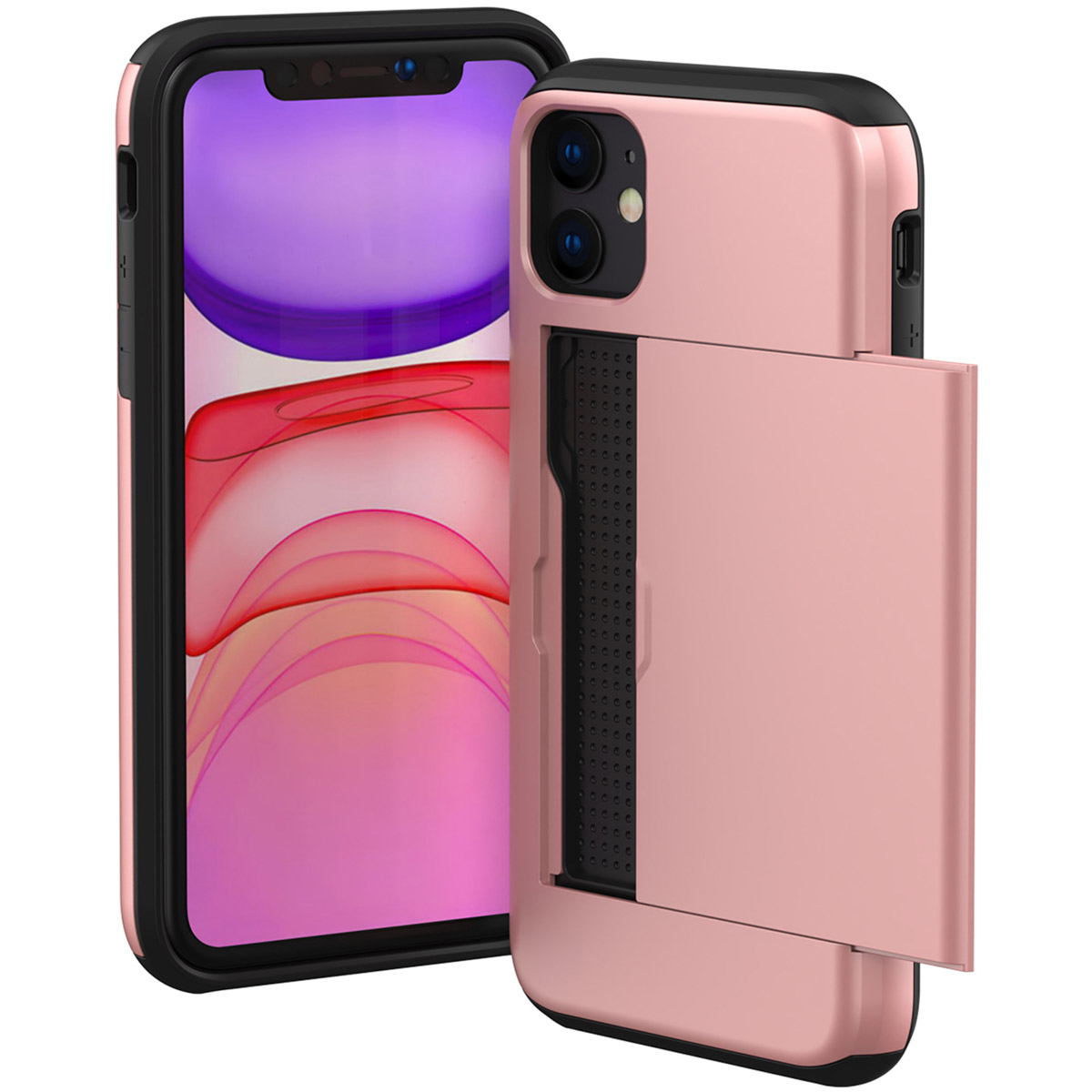 Roségouden telefoonhoesje met een zwart frame en een verborgen kaarthouder.