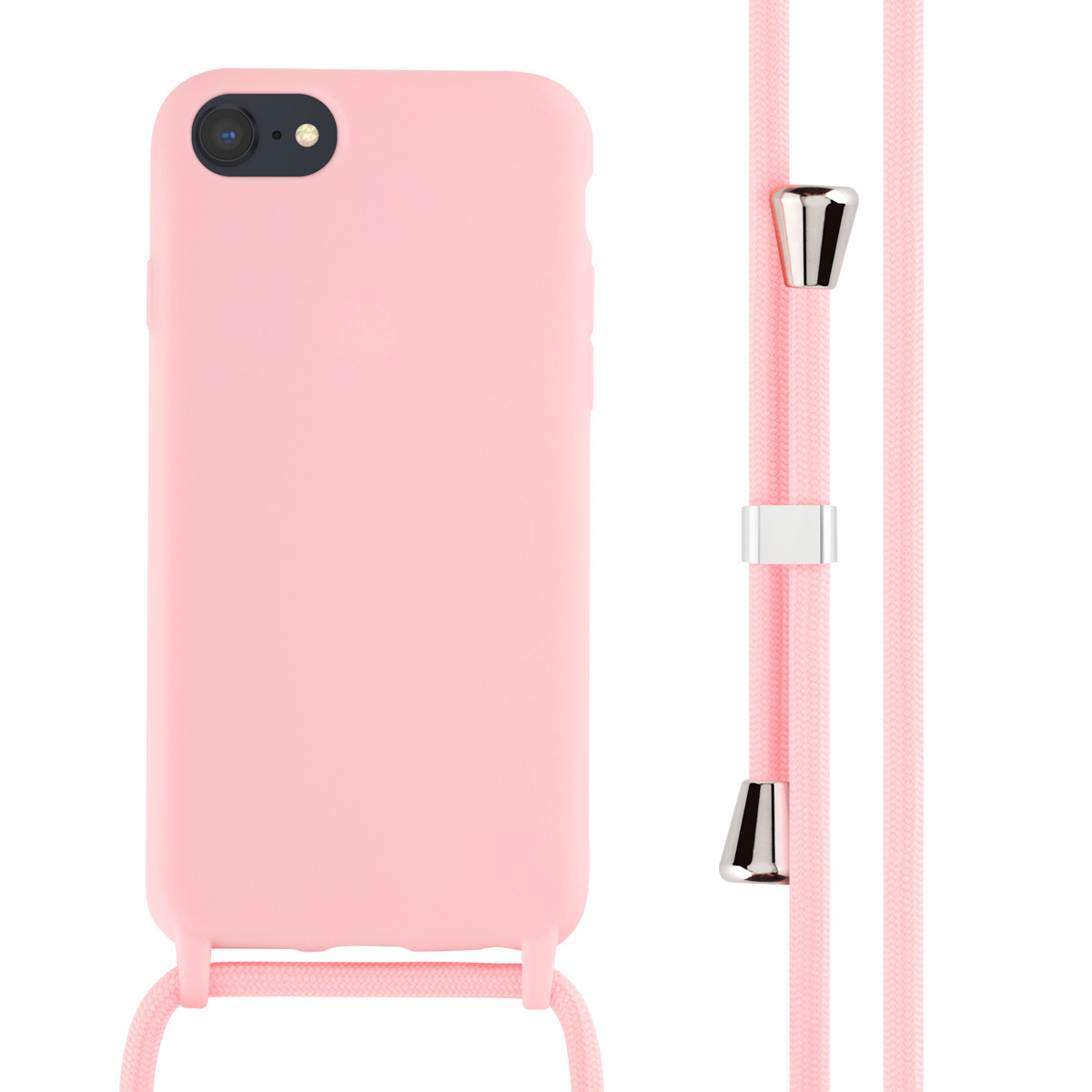 Roze telefoonhoes met camera, roze koord. Metalen accenten op het koord.