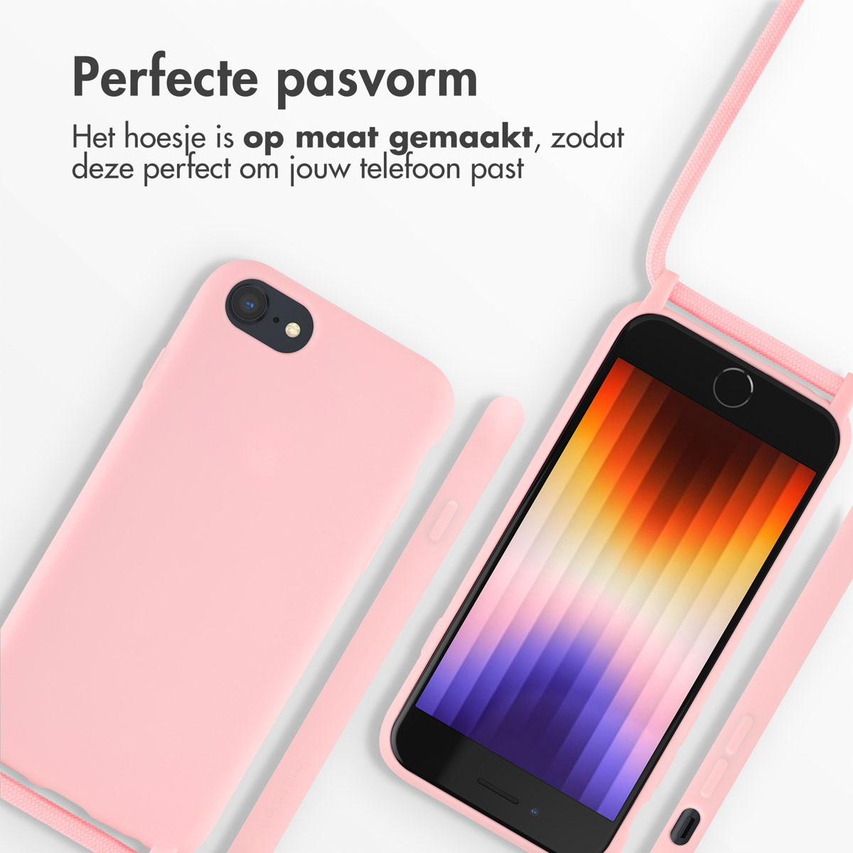 Roze telefoonhoes met een bandje. Tekst: Perfecte pasvorm. Hoes is op maat gemaakt, past perfect.