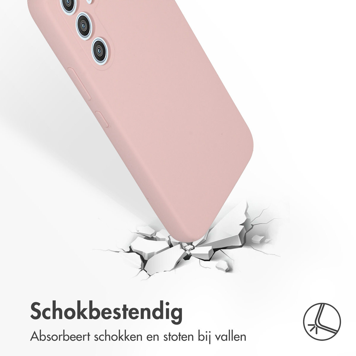 Roze telefoonhoesje dat op een oppervlak valt, waarbij de impact scheuren veroorzaakt.