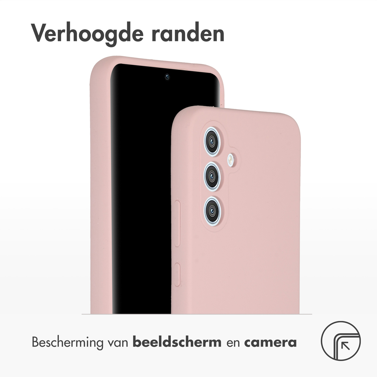 Twee roze telefoonhoesjes. Eén toont de achterkant, de andere het scherm. Tekst: Bescherming voor scherm en camera.