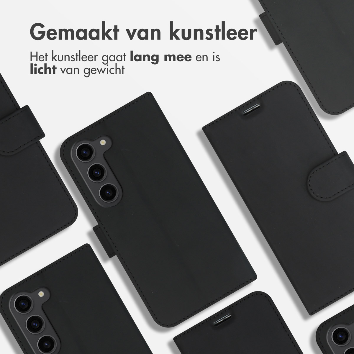 Étuis de téléphone noirs disposés sur une surface blanche. Texte : Fabriqué en cuir synthétique.