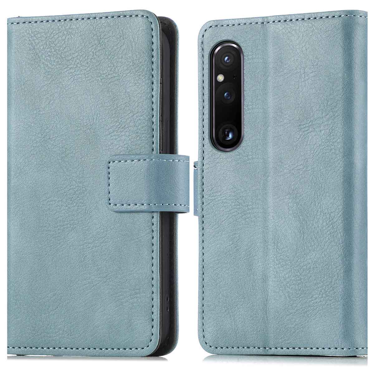 Étui de téléphone bleu clair, ouvert pour révéler le téléphone. Fermoir magnétique.