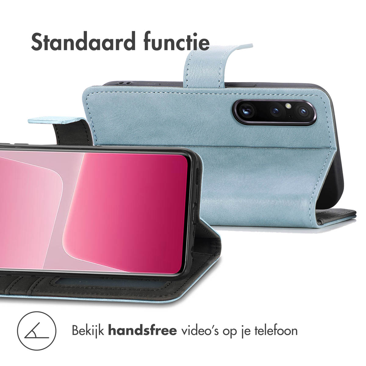 Coque de téléphone bleue avec fonction support, téléphone affichant un écran rose et une fonction support.