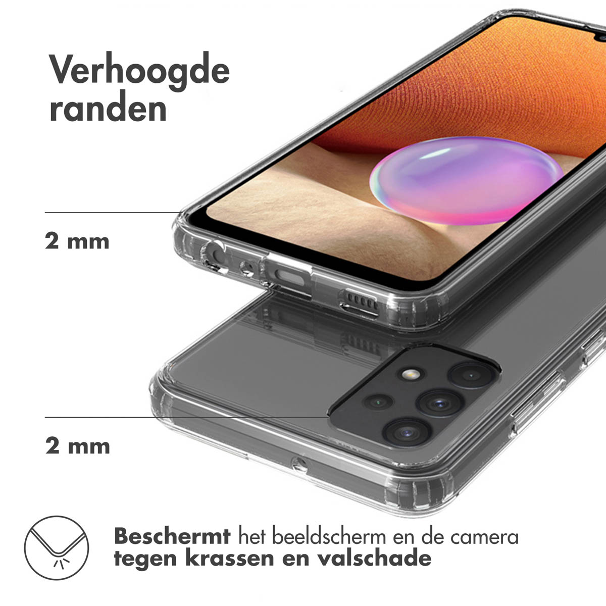 Custodie trasparenti per telefono, impilate per mostrare bordi rialzati di 2 mm. Il testo descrive la protezione dello schermo e della fotocamera.