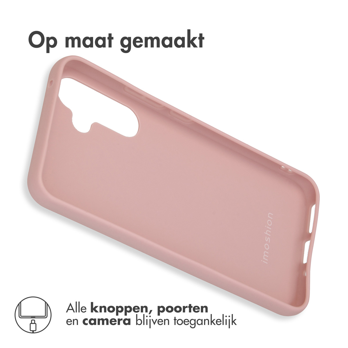 Roze telefoonhoesje op wit. Teksten zeggen: Alle knoppen, poorten en camera blijven toegankelijk.