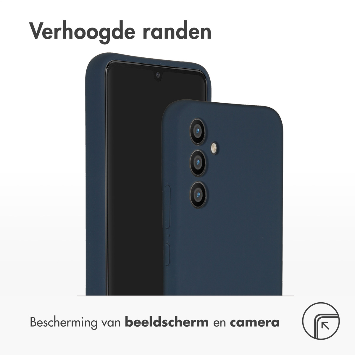Coque de téléphone bleu foncé sur un téléphone, avec bords surélevés pour protéger l'écran et la caméra.