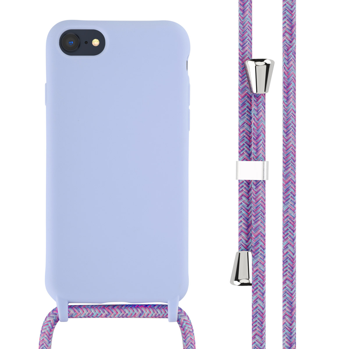 Een telefoon in een lichtblauwe hoes met een koord. Het koord is blauw, paars en wit.
