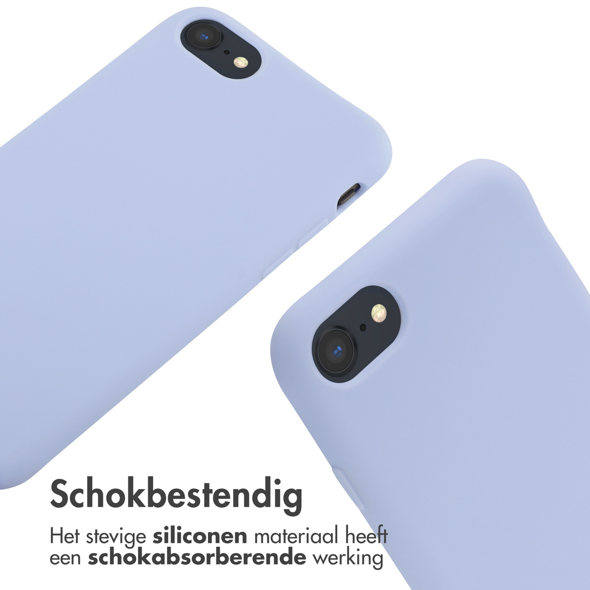 Twee lichtblauwe telefoonhoesjes. Eén is schuin, met de achterkant, de ander de bovenkant.