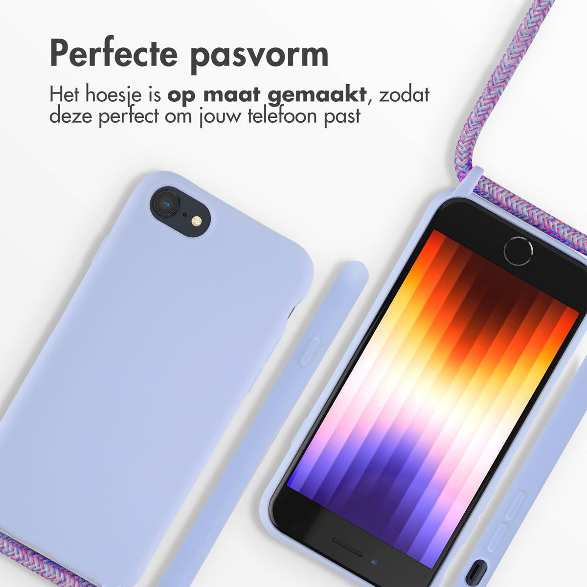 Telefoon in paarse hoes met band. Het scherm toont een kleurrijke, abstracte achtergrond.