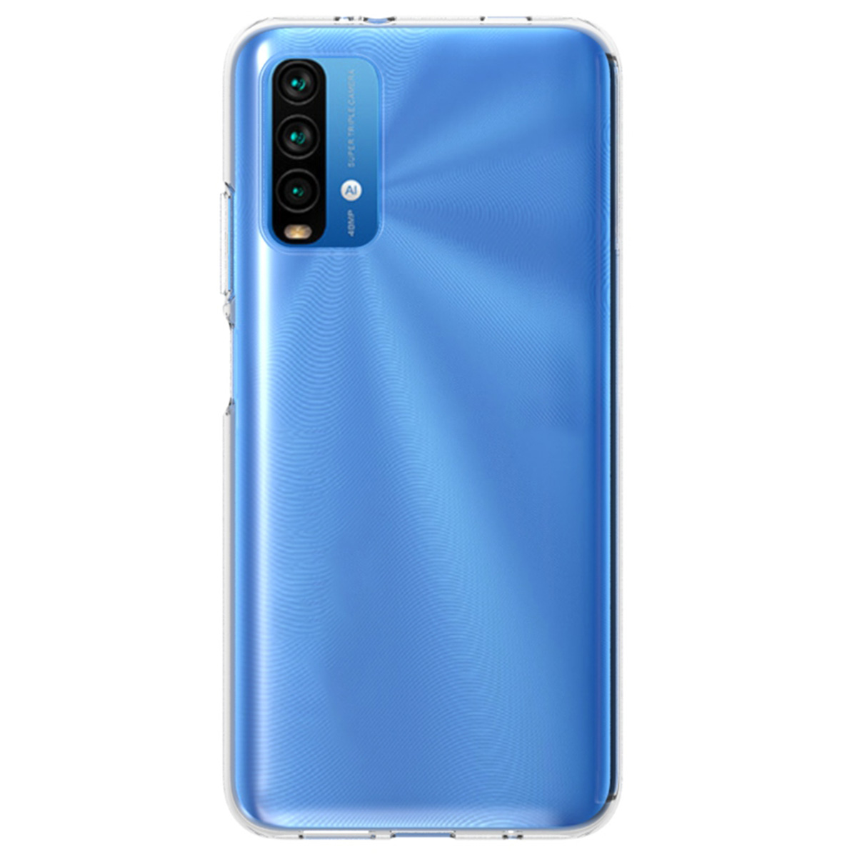 Un telefono blu con una custodia trasparente. La custodia ha un ritaglio per la fotocamera.